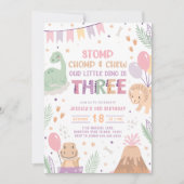 Dinosaur 3rd Birthday Invitations Girl. Cute Baby 招待状 (正面)