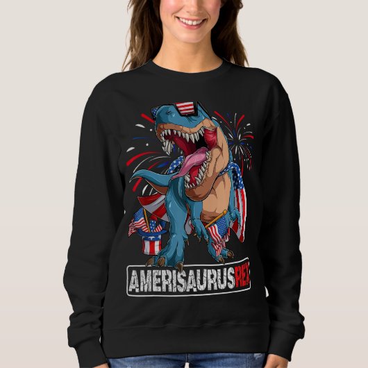 Dinosaur 4th of July Boys Girls Men Amerisaurus T スウェットシャツ (正面)