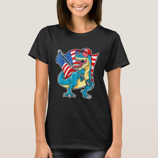 Dinosaur 4th Of July Boys Rex American Flag USA Tシャツ (正面)