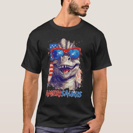 Dinosaur 4th of July Kids Boys Men Amerisaurus Rex Tシャツ (正面)