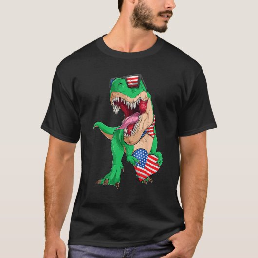 Dinosaur 4th of July Kids Boys Rex Flag USA Flag P Tシャツ (正面)