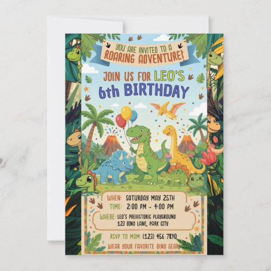 Dinosaur 6th Birthday Jungle Party Adventure Flat 招待状 (正面)