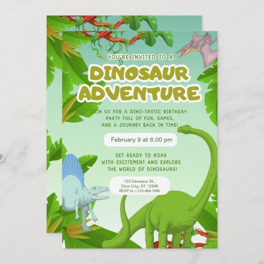 Dinosaur Adventure Birthday Party 招待状 (正面/裏面)