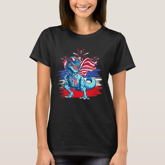 Dinosaur American Flag Patriotic Rex  4th of July Tシャツ (正面)