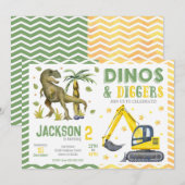 Dinosaur and Construction Birthday 招待状 (正面/裏面)