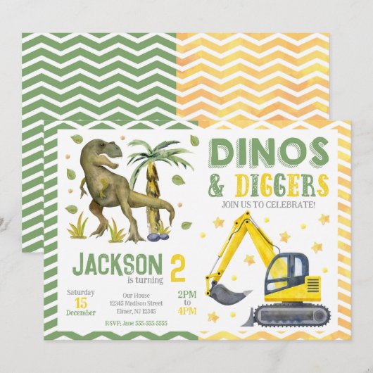 Dinosaur and Construction Birthday 招待状 (正面/裏面)