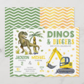 Dinosaur and Construction Joint Birthday 招待状 (正面/裏面)