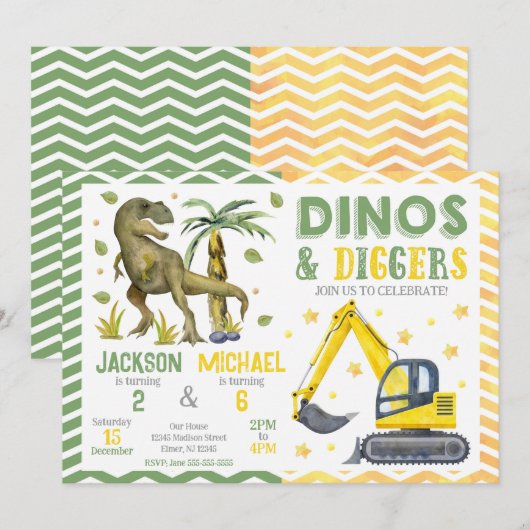 Dinosaur and Construction Joint Birthday 招待状 (正面/裏面)