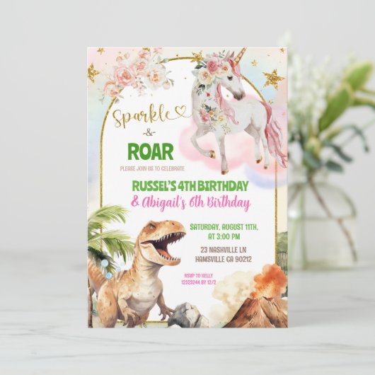 Dinosaur and Rainbow Pastel Unicorn Joint Birthday 招待状 (スタンド正面)