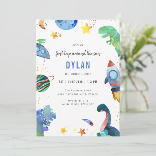 Dinosaur Astronaut Outer Space Birthday Invitation 招待状 (スタンド正面)