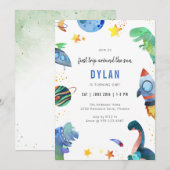 Dinosaur Astronaut Outer Space Birthday Invitation 招待状 (正面/裏面)