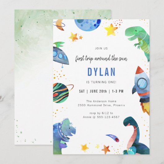 Dinosaur Astronaut Outer Space Birthday Invitation 招待状 (正面/裏面)