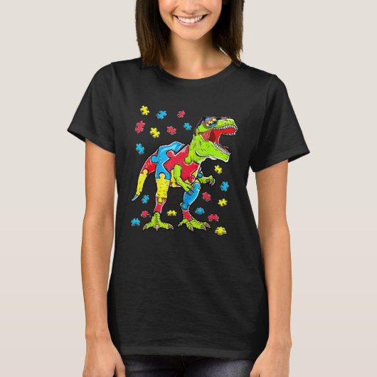 Dinosaur Autism Awareness Puzzle Piece Boys Kids T Tシャツ (正面)