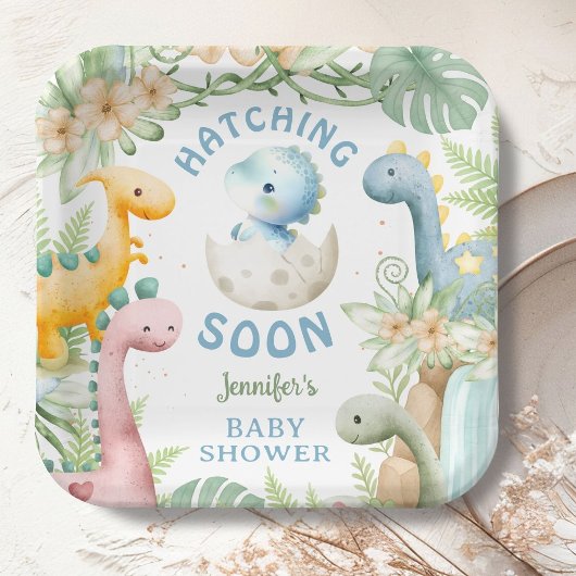 Dinosaur Baby Shower Boy Blue Dino ペーパープレート