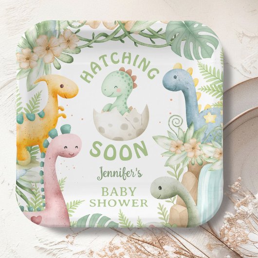 Dinosaur Baby Shower Green Dino Paper Plates ペーパープレート