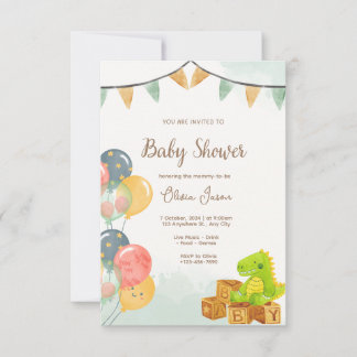 Dinosaur Baby Shower Invitation | Green & Yellow  招待状