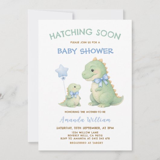 Dinosaur Baby Shower invitation Hatching Soon 招待状 (正面)