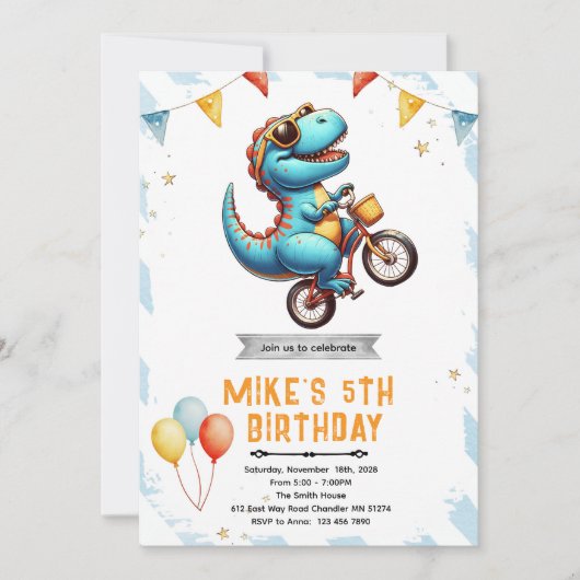 Dinosaur Bike Birthday Invitation 招待状 (正面)