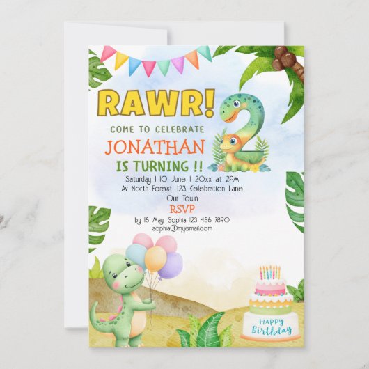 Dinosaur Birthday 2 for Boys | Rawr Dino party 招待状 (正面)