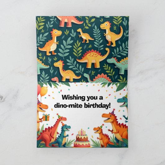 Dinosaur Birthday Greeting Card – Fun Dino Party D カード (内部)