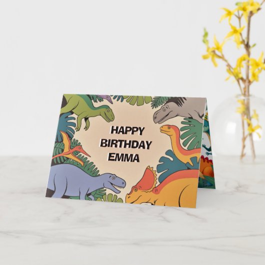 Dinosaur Birthday Greeting Card – Fun Dino Party D カード (黄色い花)