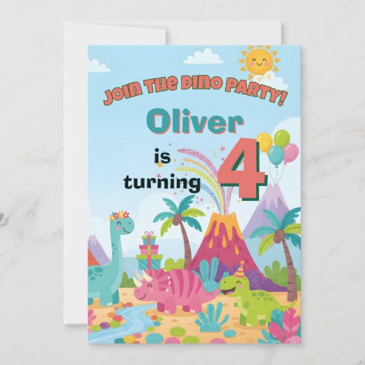 Dinosaur Birthday Invitation – 5x7 Kids Party Card 招待状 (正面)