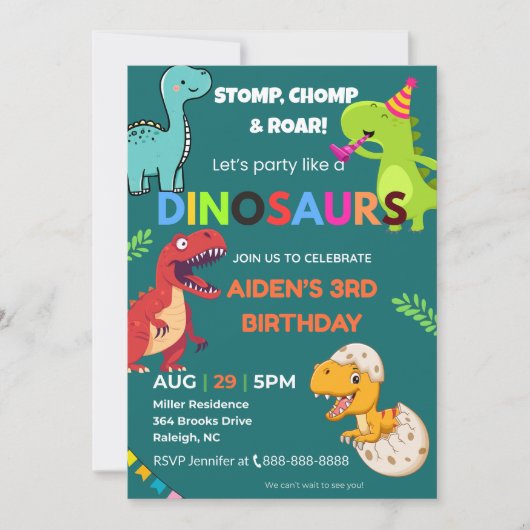 Dinosaur Birthday Invitation – Editable | Flat Car 招待状 (正面)