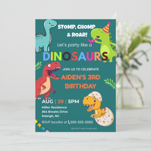 Dinosaur Birthday Invitation – Editable | Flat Car 招待状 (スタンド正面)