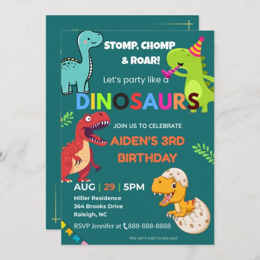 Dinosaur Birthday Invitation – Editable | Flat Car 招待状 (正面/裏面)