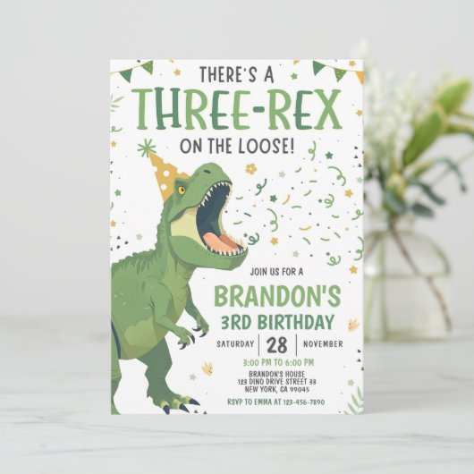 Dinosaur Birthday Invitation, Editable Three Rex 3 招待状 (スタンド正面)