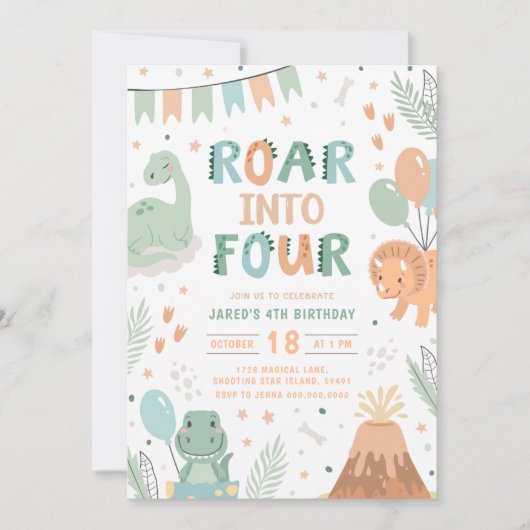 Dinosaur Birthday Invitation Four. Cute Baby Dino  招待状 (正面)