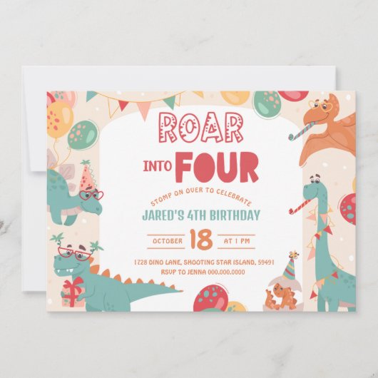 Dinosaur Birthday Invitation Four. Modern Dino 招待状 (正面)