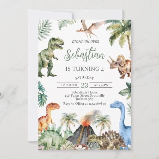 Dinosaur Birthday Invitation Template, Editable 招待状 (正面)
