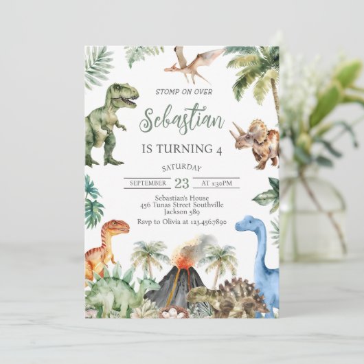 Dinosaur Birthday Invitation Template, Editable 招待状 (スタンド正面)