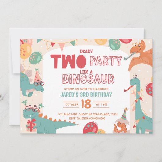 Dinosaur Birthday Invitation Two. Modern Boy Dino 招待状 (正面)