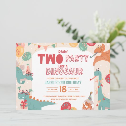 Dinosaur Birthday Invitation Two. Modern Boy Dino  招待状 (スタンド正面)