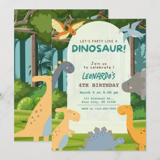 Dinosaur Birthday Party 招待状 (正面/裏面)