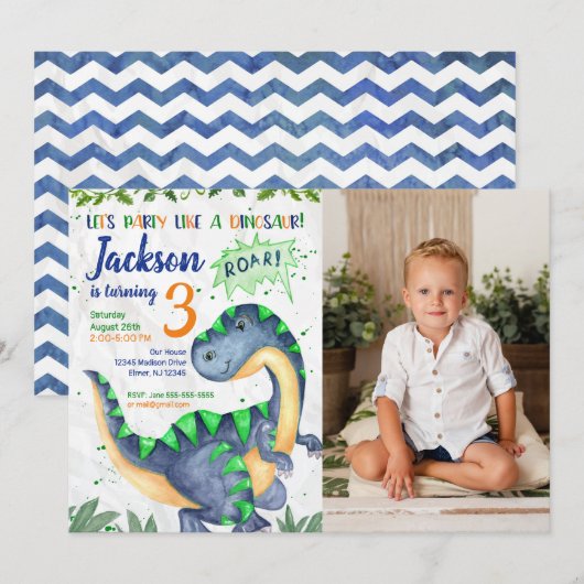Dinosaur Birthday Photo Invitation for a Boy 招待状 (正面/裏面)