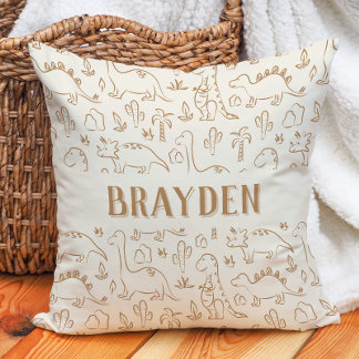 Dinosaur Boho Boy Name Dino Cute Beige Brown Tan クッション