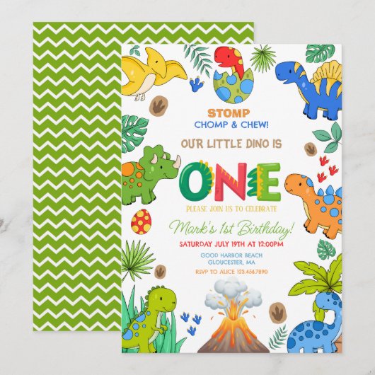Dinosaur boy 1st birthday 招待状 (正面/裏面)