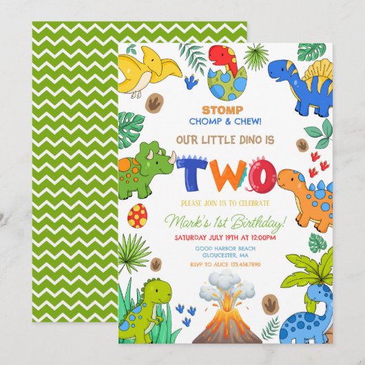 Dinosaur boy 2nd birthday 招待状 (正面/裏面)