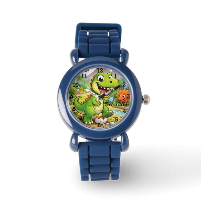Dinosaur Boy Modern Green Trex Custom Name Kids 腕時計 (正面)