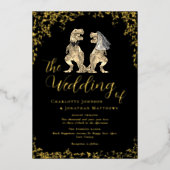 Dinosaur Bride and Groom Wedding Black and Gold 箔招待状 (正面)