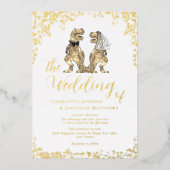 Dinosaur Bride and Groom Wedding White and Gold 箔招待状 (正面)