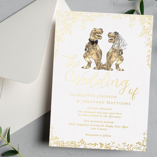 Dinosaur Bride and Groom Wedding White and Gold 箔招待状