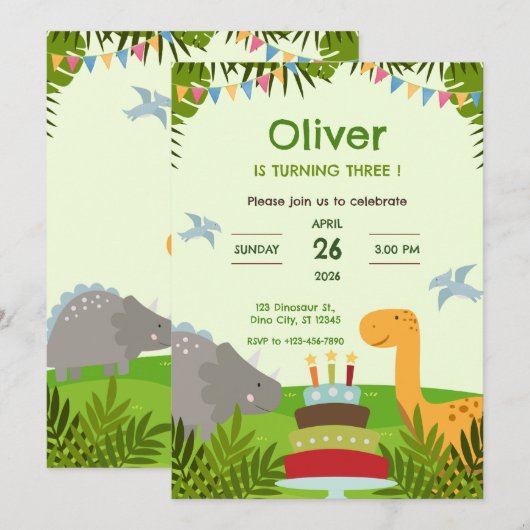  Dinosaur Cake Birthday Party 招待状 (正面/裏面)