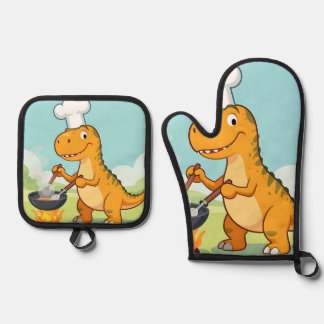 Dinosaur Chef Cooking Funny 鍋つかみ&鍋敷きセット