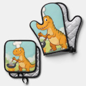 Dinosaur Chef Cooking Funny 鍋つかみ&鍋敷きセット (正面/裏面)