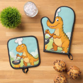Dinosaur Chef Cooking Funny 鍋つかみ&鍋敷きセット (トップダウン)