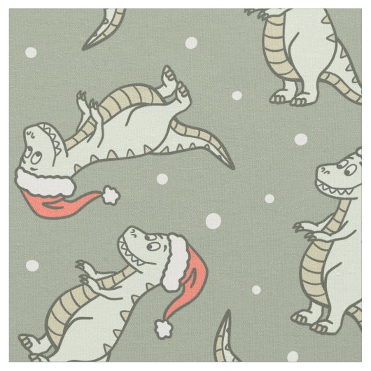 Dinosaur Christmas Boy Santa Claus Dino T-Rex Sage ファブリック (クローズアップ)
